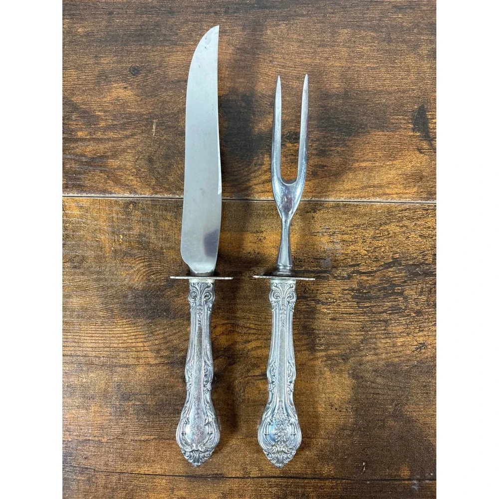 Vintage Ornate Floral Repousse Handle Stainless Steel Carving Knife and Fork Set